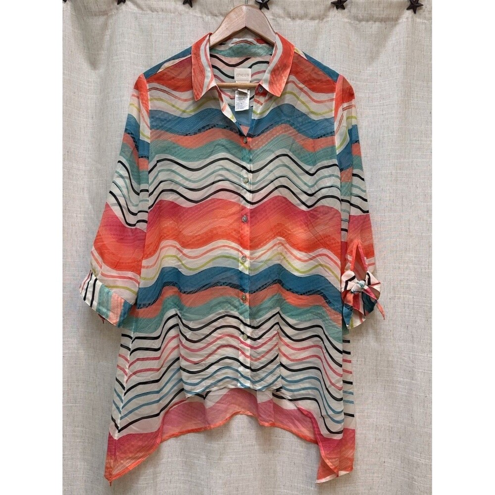 Chico's Watercolor Striped Tie-Sleeve Blouse Semi Sheer Wavy Button Up Sz 2 (14)